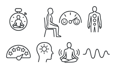 Mind and body fitness line icons set – wellness, meditation, and exercise symbols