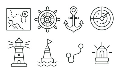 Marine navigation outline icons set – nautical, sea travel, navigation symbols