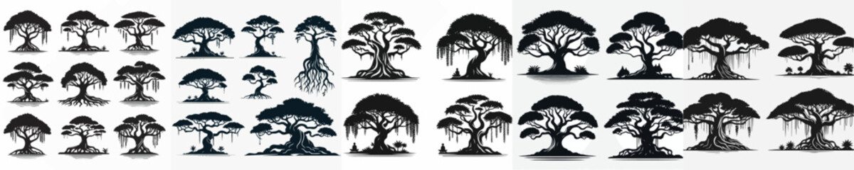 Vector set image silhouette of banyan tree.