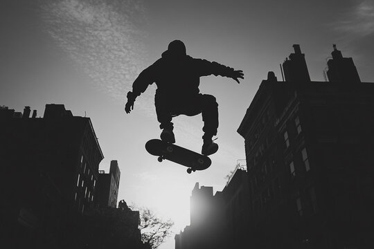 Man mid-air in a skateboard trick silhouette - Powered by Adobe
