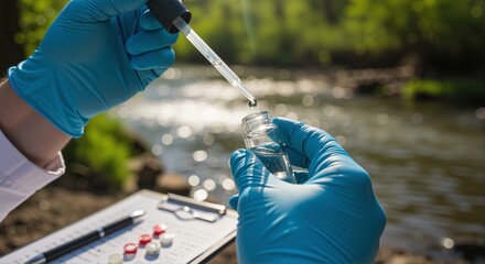 Woman testing water quality in a river with a pipette and vial, nature background