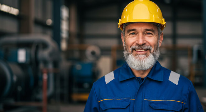 Portrait of a smiling factory worker with a yellow hard hat and blue uniform in a factory setting - Powered by Adobe