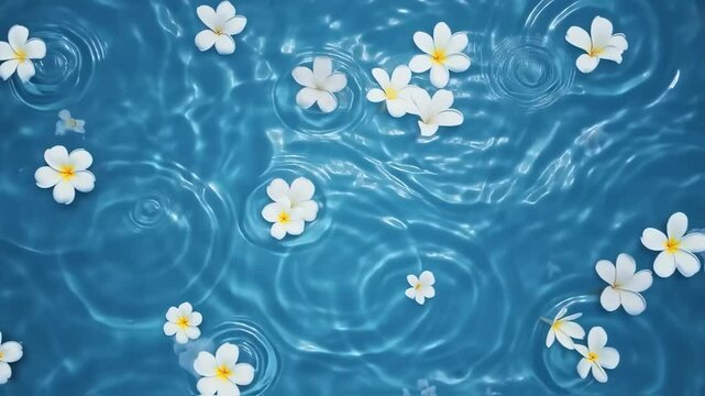 White flowers on blue clear lake