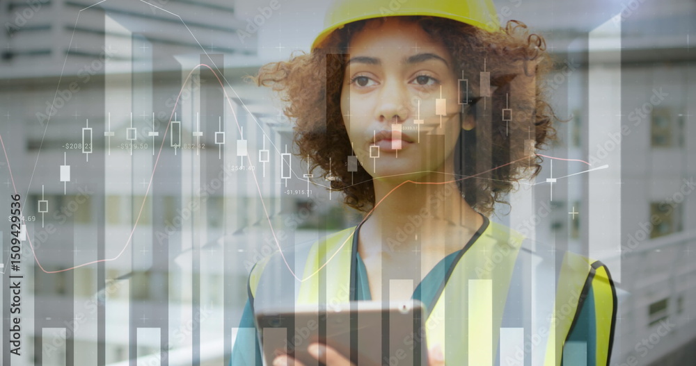 Poster image of statistical data processing over female architect using digital tablet