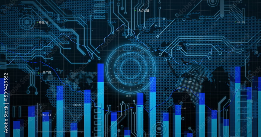 Poster image of computer circuit board, world map and data processing