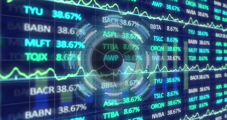 Image of radar over financial data and graphs on navy background
