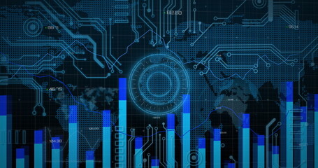 Image of computer circuit board, world map and data processing