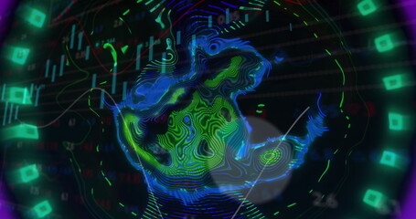 Image of moving waves and financial graphs over black background