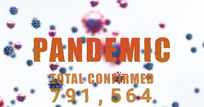 Pandemic text with increasing cases over multiple covid-19 cells floating against white background