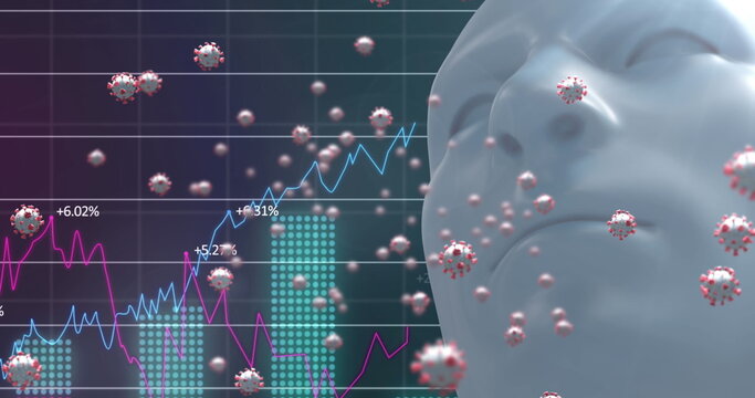 Multiple covid-19 cells over human head model against statistical data processing on blue background