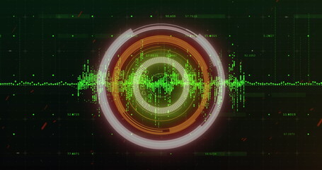 Digital image of data processing over neon round scanner against black background