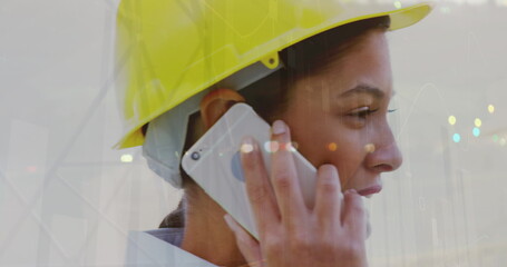 Image of statistical data processing over female architect talking on smartphone