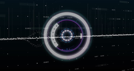 Image of scope scanning and data processing over purple background