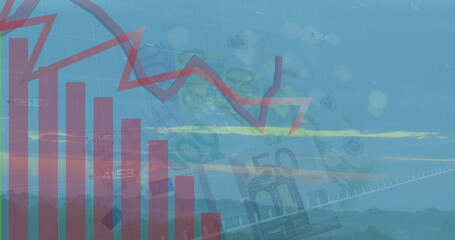Image of graphs over moving dots and euro banknotes