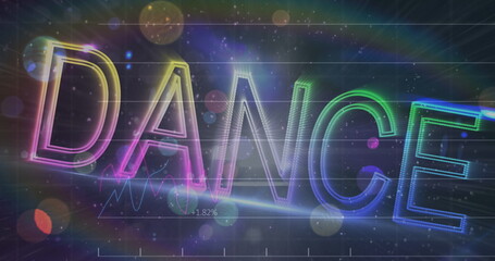 Image of dance and lights over financial graphs on black background
