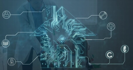 Image of data processing over caucasian male doctor with patient