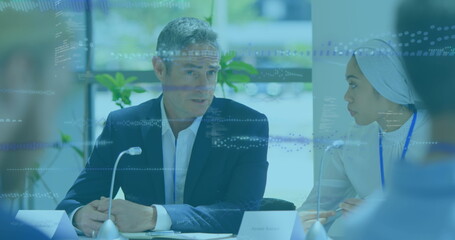 Image of data processing over diverse business people talking