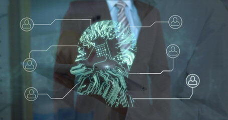 Image of data processing over caucasian female doctor with tablet