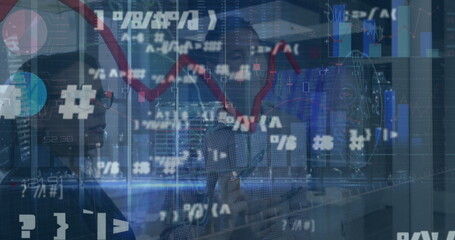 Image of data processing over diverse business people talking