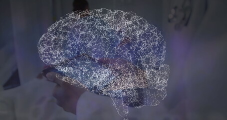 Image of data processing over caucasian male doctor with tablet