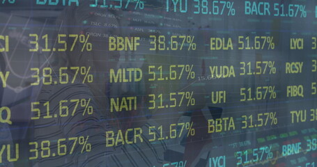 Obraz premium Image of data processing over caucasian businesswoman using laptop