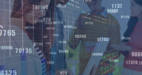 Image of data processing over diverse business people using laptop