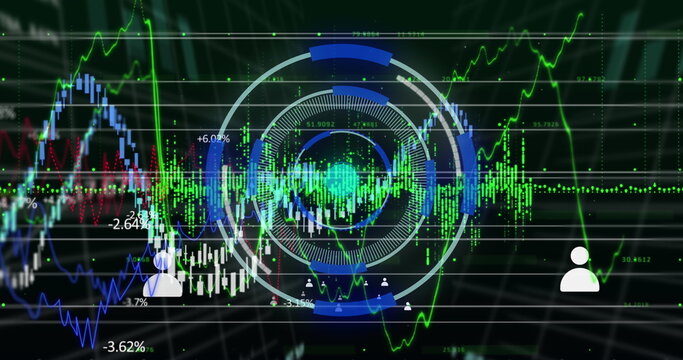 Financial data processing and multiple profile icons over neon round scanner on black background