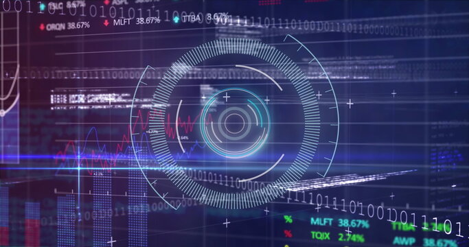 Stock market data processing over neon round scanner and data processing against blue background