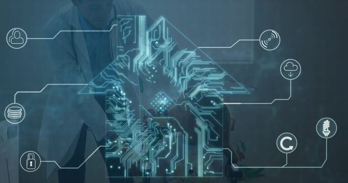 Image of data processing over caucasian male doctor with patient