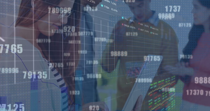 Image of data processing over diverse business people using laptop