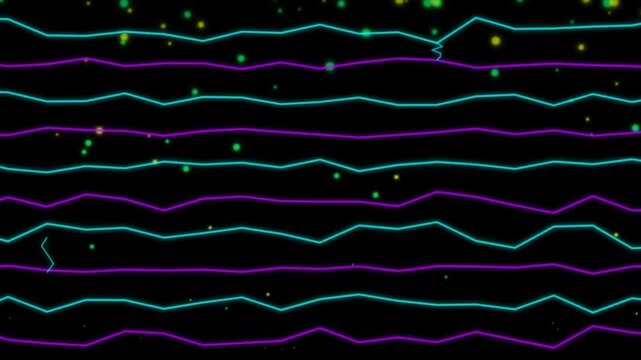 Electric Neon Lines and Cascade Bokeh Sparks Animation with Colorful Wavy Neon Green and Purple Lines on Dark Background