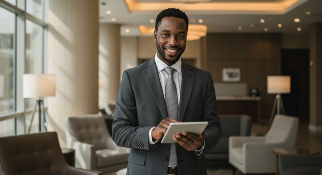 A smiling african american businessman holding a tablet in a modern office lobby setting indoors