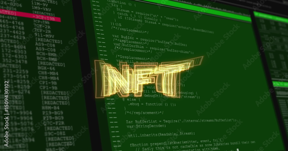 Poster nft text banner over multiple screens with over data processing against black background