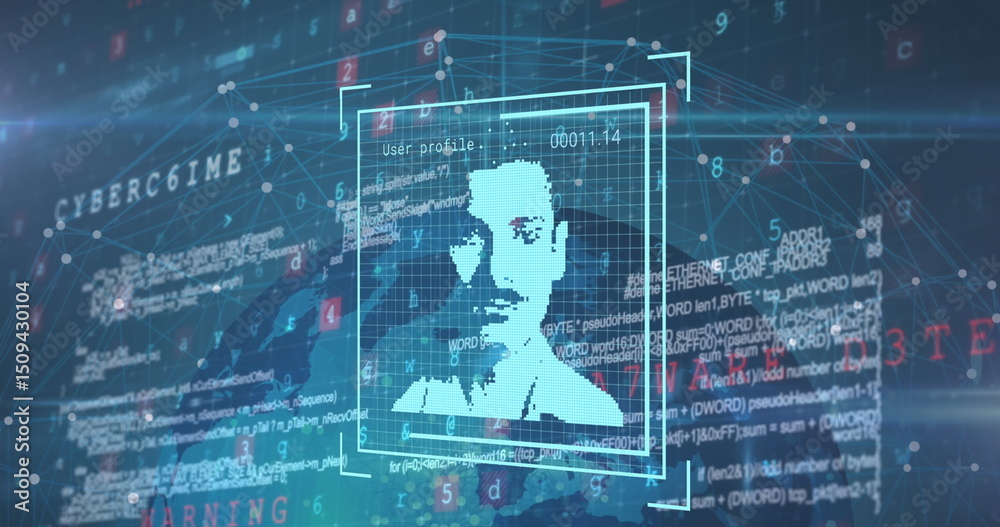 Poster image of user photo and data processing over globe on navy background
