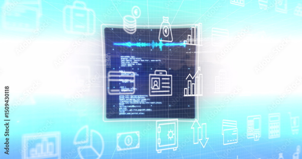 Poster image of tech icons over screen with data processing on blue background