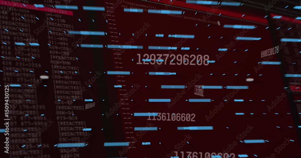 Poster Streaming data on dashboard showing red 'REDACTED' code columns white numeric values, blue bars