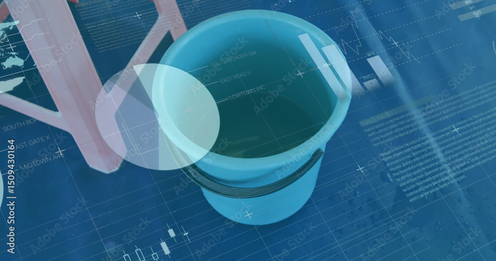 Poster image of statistical data processing over close up of stool and bucket against blue background