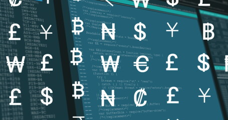 Image of currency symbols over data processing on blue background