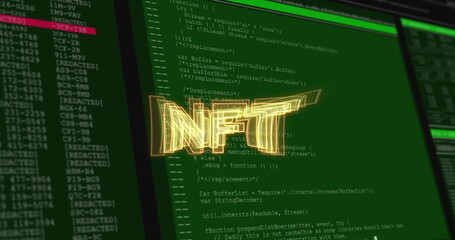 Nft text banner over multiple screens with over data processing against black background