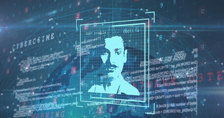 Image of user photo and data processing over globe on navy background
