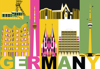 Typography word "Germany" branding technology concept. Collection of flat vector web icons. Culture travel set, famous architectures, specialties detailed silhouette. European famous landmark.