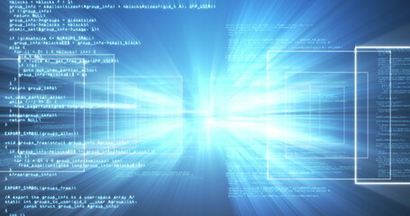Displaying programming code text streaming through virtual tunnel, with central beam and UI panels