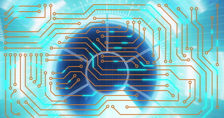 Swirling vortex displaying gold circuit traces in virtual environment, with neon turquoise nodes