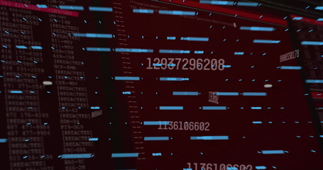 Streaming data on dashboard showing red 'REDACTED' code columns white numeric values, blue bars