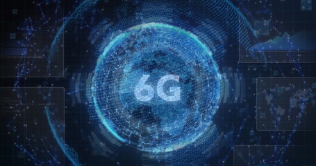 Image of spinning globe and 6g text over dark background