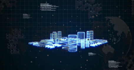 Image of metaverse city and data processing over globe on black background