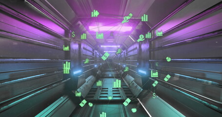 Image of financial icons over moving industrial tunnel