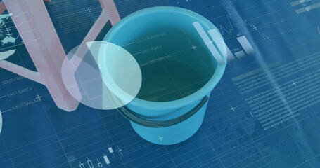 Image of statistical data processing over close up of stool and bucket against blue background