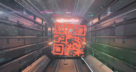 Floating red QR code pulsing in futuristic metallic corridor, with green data particles