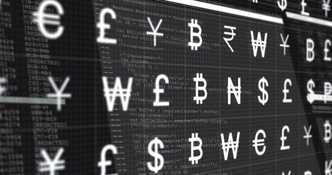Image of currency symbols over data processing on black background